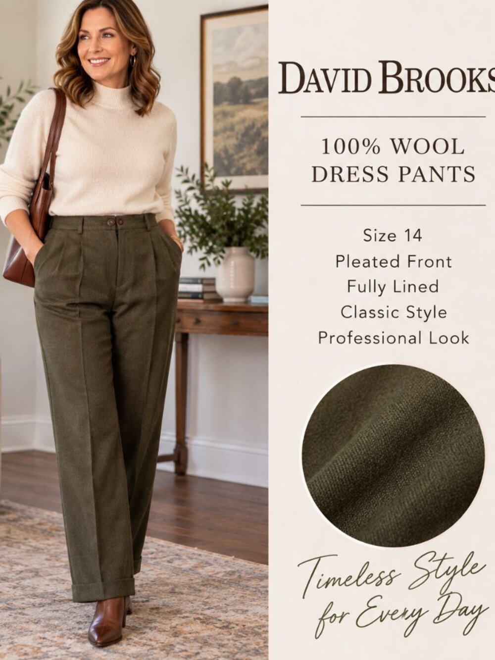 David Brooks 100% Wool Size 14 Olive Pleated Fully Lined Dress Pants